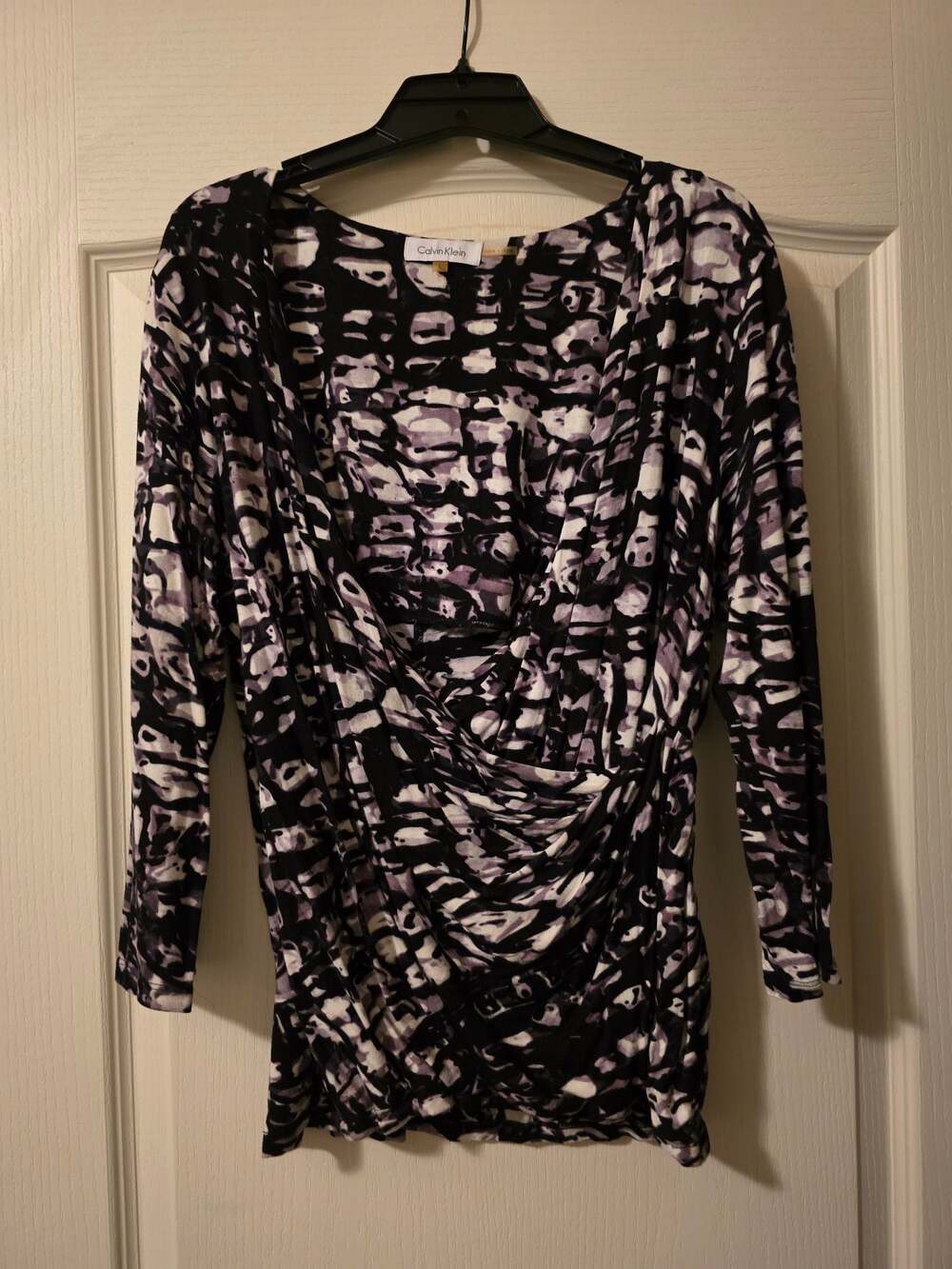 Calvin Klein Black White Abstract Print Faux Wrap Top Size Large